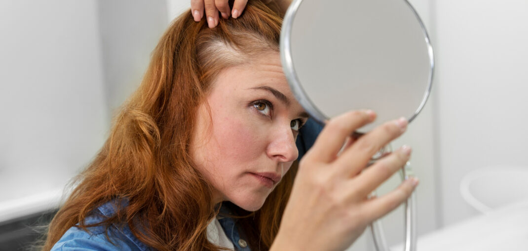 Woman examining thinning hairline in mirror before hair restoration in Saraland AL