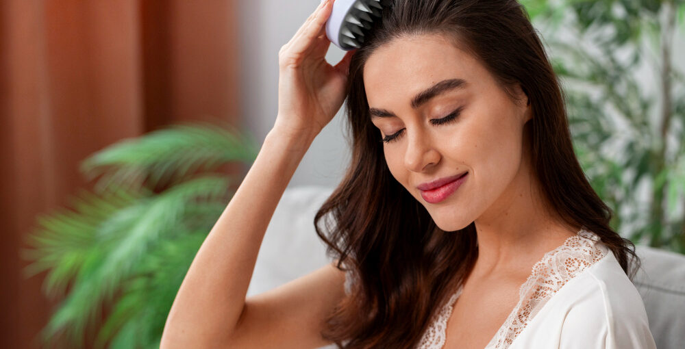 Woman practicing a healthy hair routine in Saraland AL with a scalp massager at home