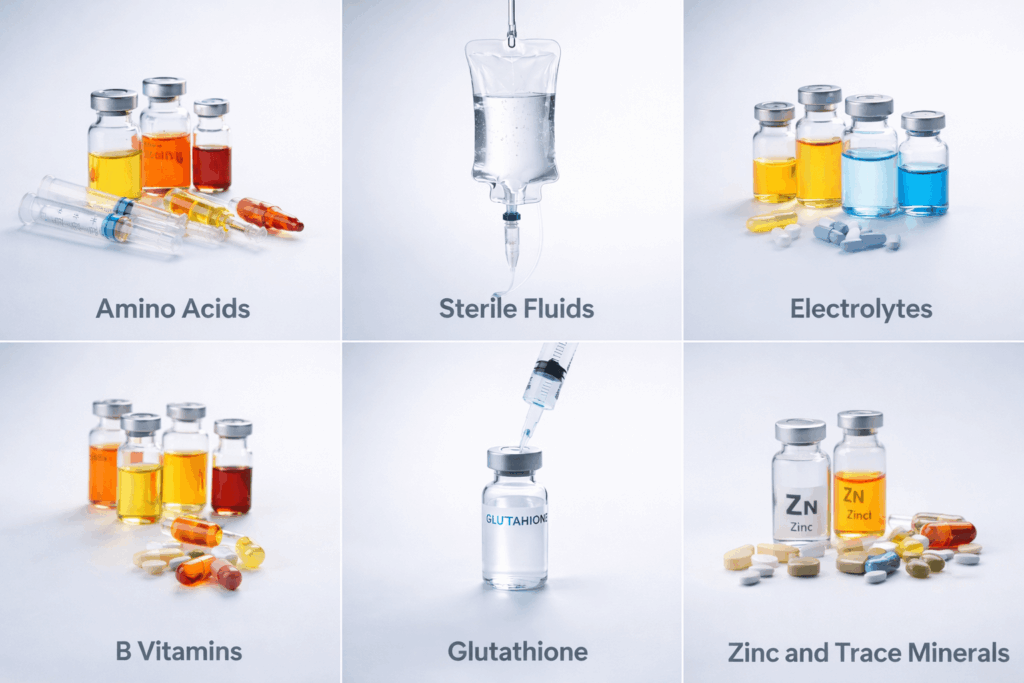 IV Drip Ingredients (Amino Acids, Sterile Fluid, Electrolytes, B Vitamins, B VitaminsGlutathione, Zinc and Trace Minerals)